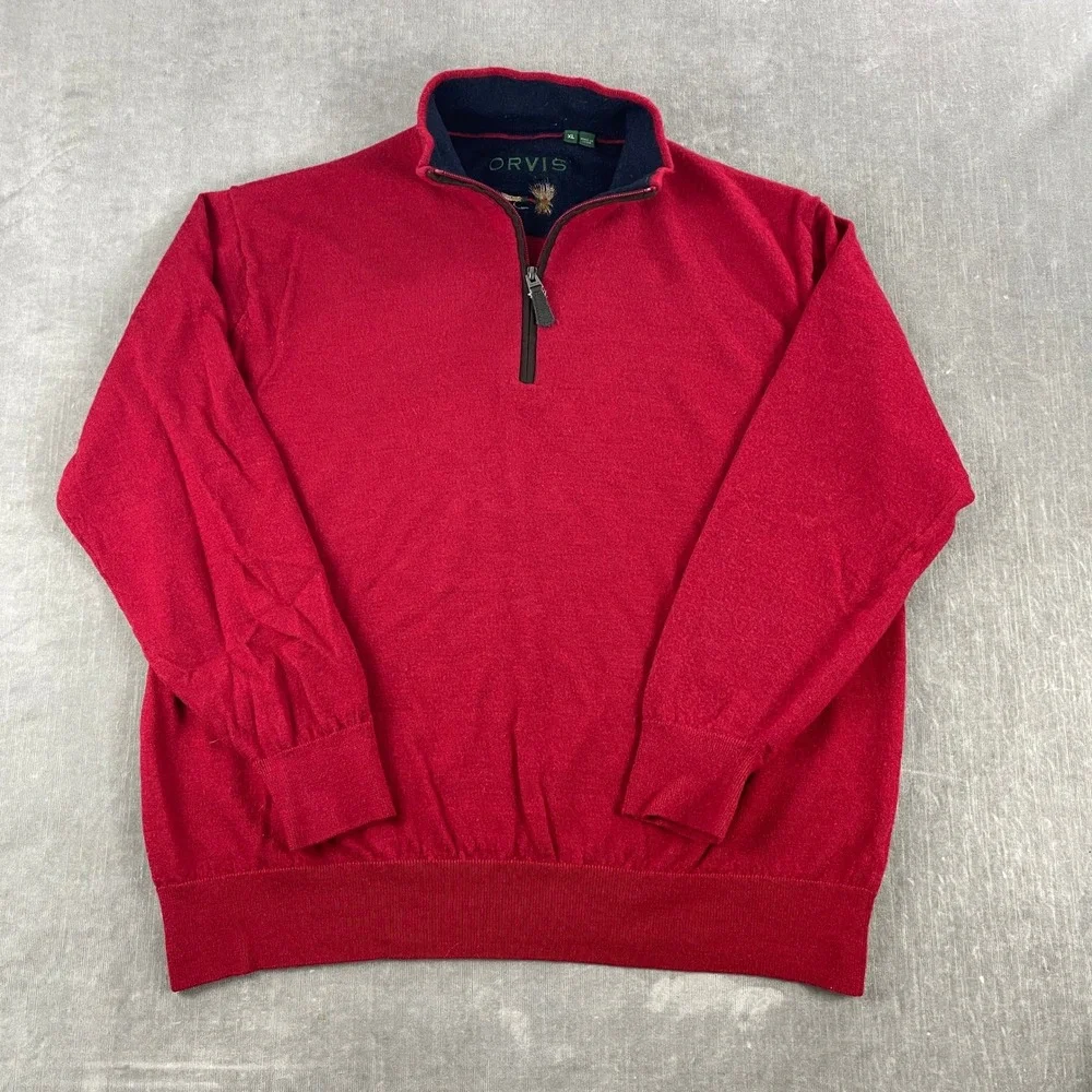 Orvis Mens XL Red 100% Merino Wool Quarter Zip Pullover Sweater Mock Neck
